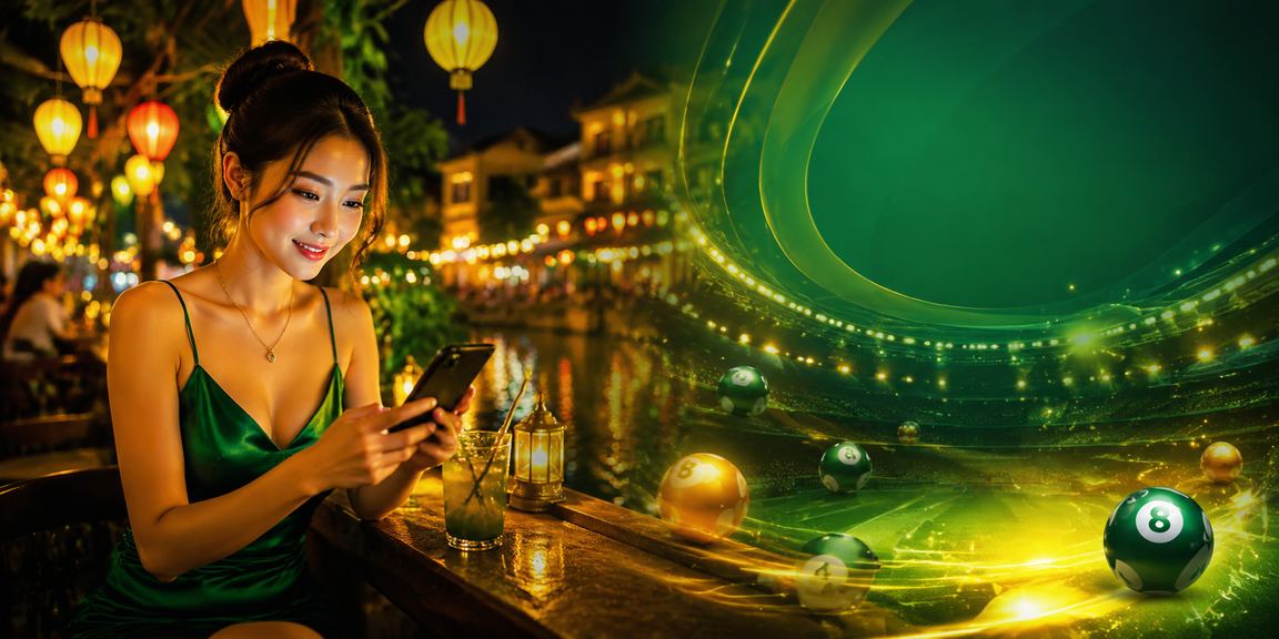 Ánh đèn lồng Hội An lung linh bên cạnh người chơi xổ số trực tuyến đang kiểm tra kết quả trên điện thoại