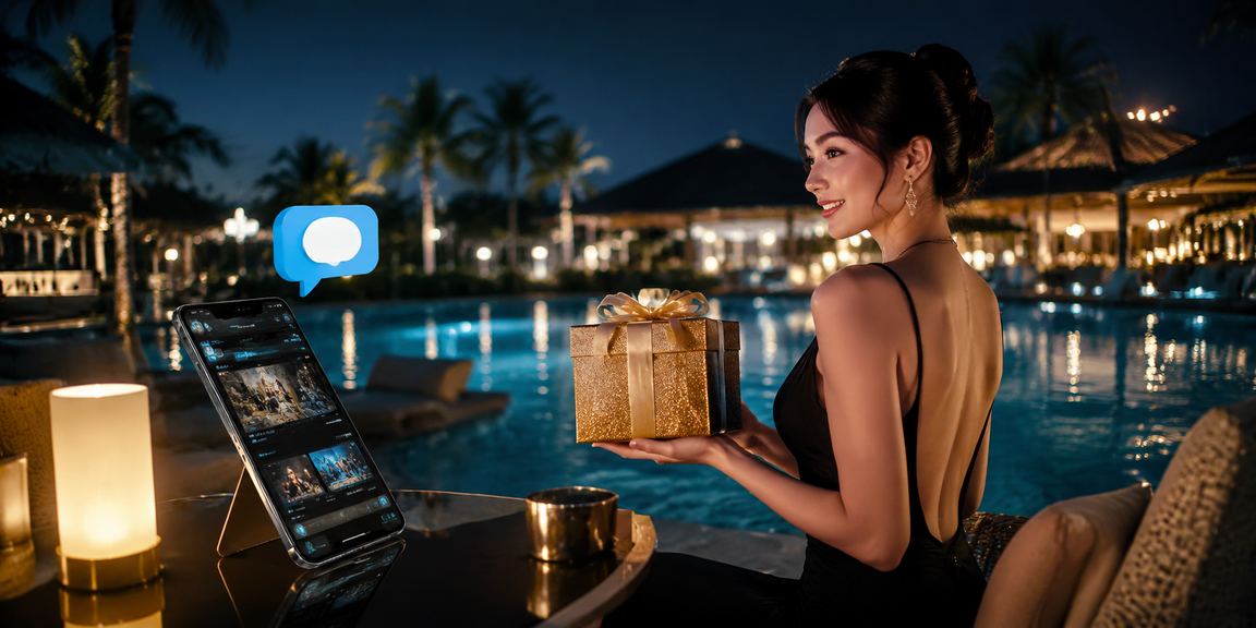 Người dùng tại Mũi Né kiểm tra ưu đãi khuyến mãi VIP trên điện thoại bên bờ biển